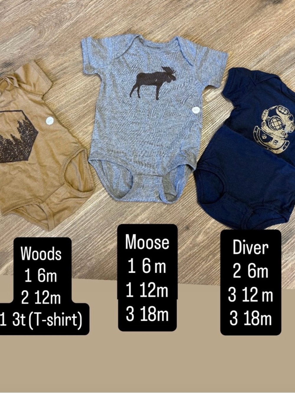Baby Onesie Trio - Moose, Woods & Diver Designs - Gray, Tan, Navy